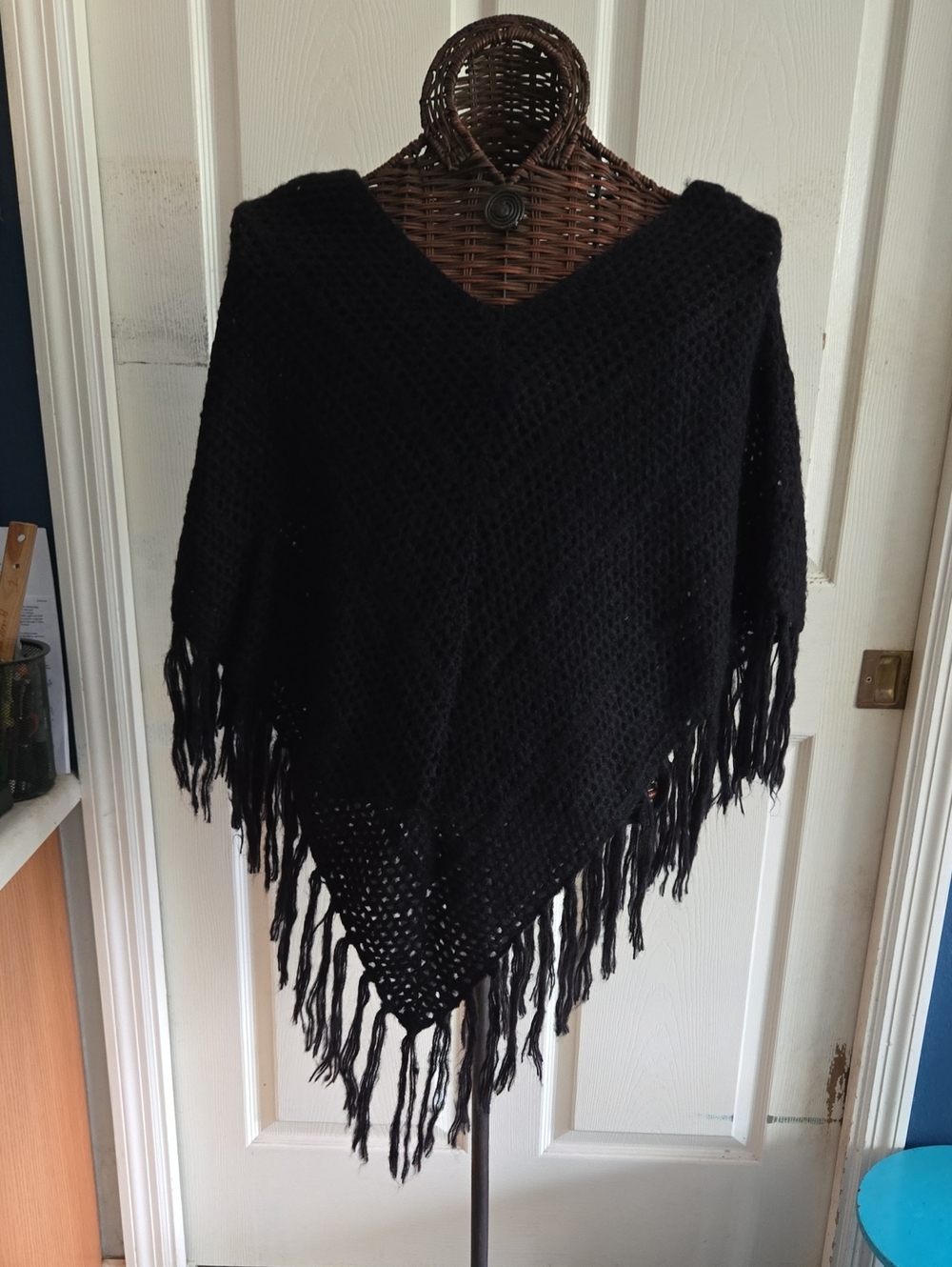 Arizona Jean Company Black Crochet Fringe Poncho-OS